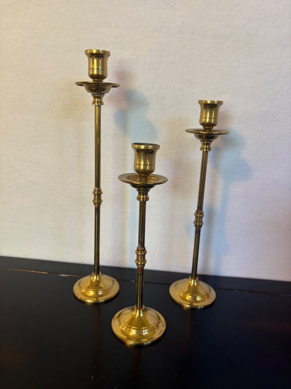Set Of 3 Vintage Brass Taper Candle Holders With Elegant Design - Varying Height